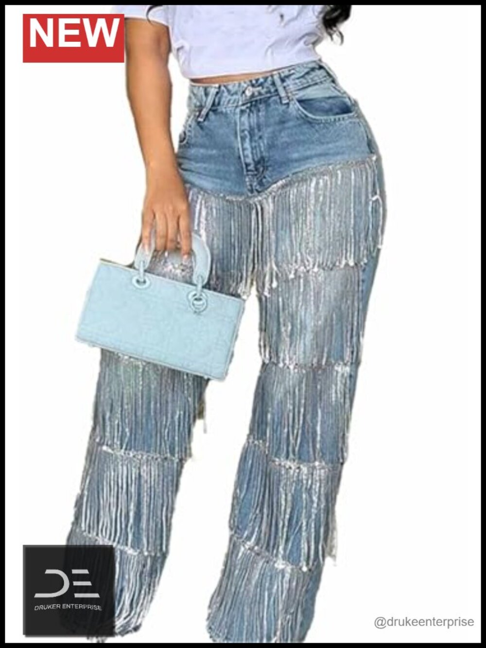 Women's High Waisted Sequin Fringe Jeans Baggy Straight Leg Sparkly Tassels